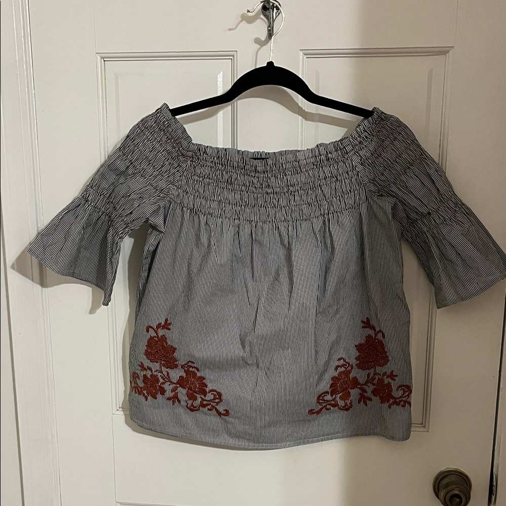 Sweet Wanderer Striped Blouse with Red Floral Detail
